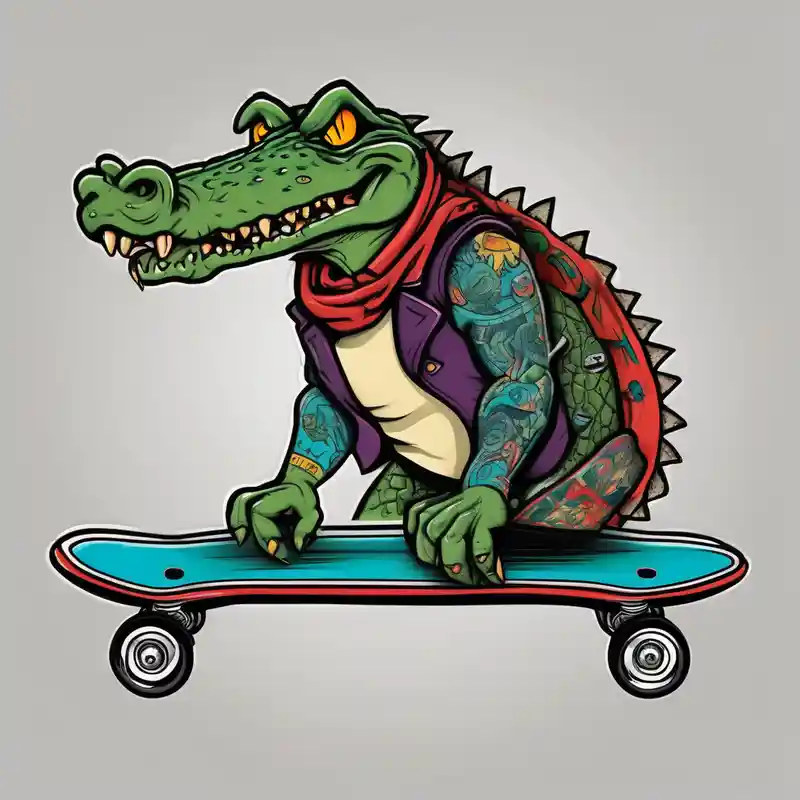 crocodile riding a skateboard with piercings and tattoos drake tattoos
